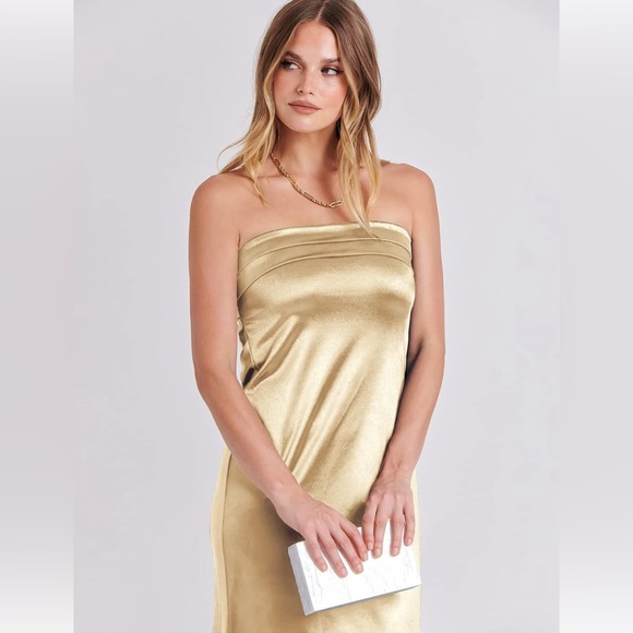 NWT Champagne Satin Strapless Tube Open Back Bodycon Cocktail Maxi Dresses - Picture 5 of 16